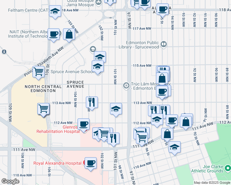 map of restaurants, bars, coffee shops, grocery stores, and more near 11329 101 Street Northwest in Edmonton