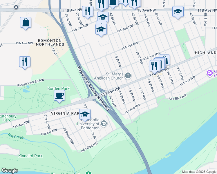 map of restaurants, bars, coffee shops, grocery stores, and more near 11211 70 Street Northwest in Edmonton