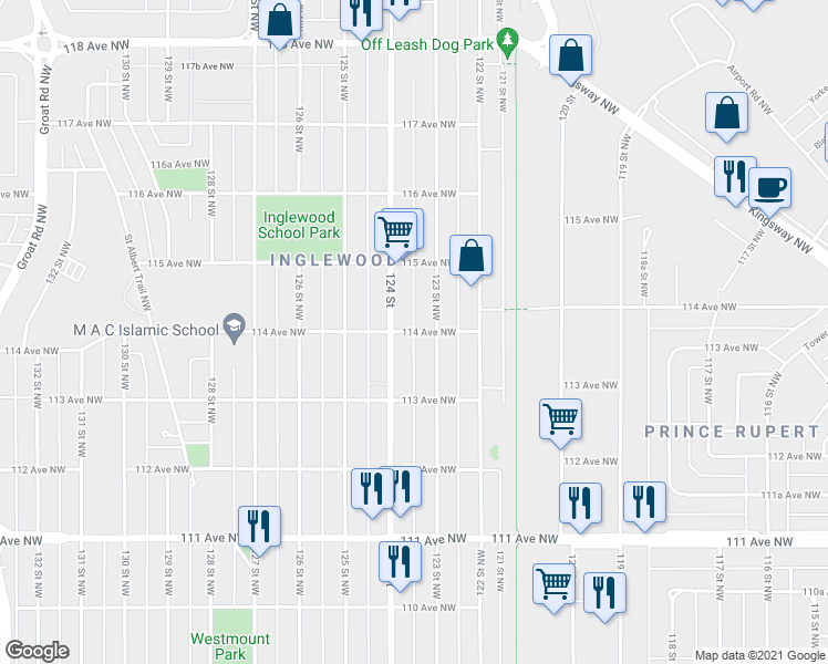 map of restaurants, bars, coffee shops, grocery stores, and more near 12311 114 Avenue Northwest in Edmonton