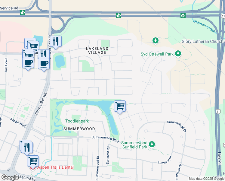 map of restaurants, bars, coffee shops, grocery stores, and more near 1718 Jubilee Loop in Sherwood Park