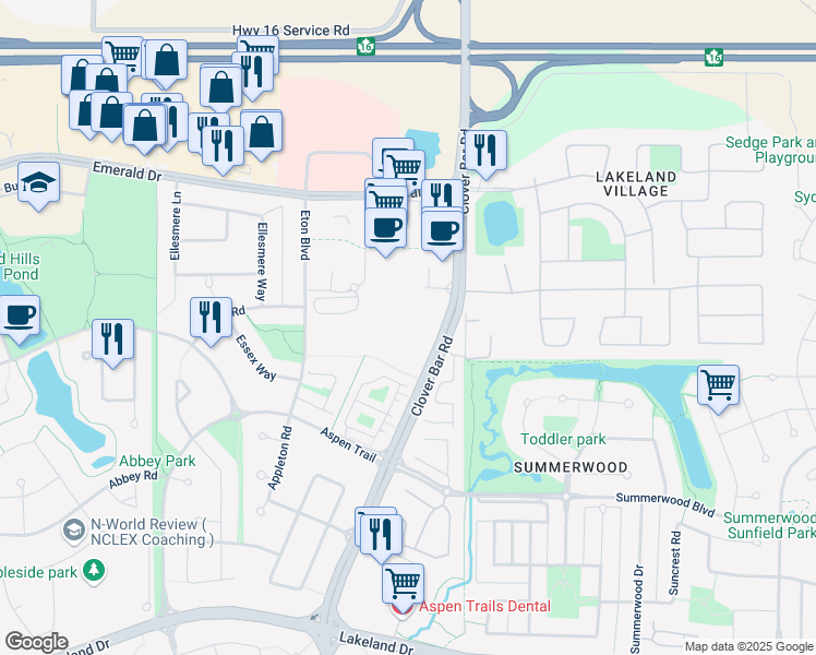 map of restaurants, bars, coffee shops, grocery stores, and more near 5500 Clover Bar Road in Sherwood Park
