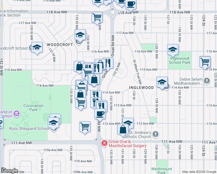map of restaurants, bars, coffee shops, grocery stores, and more near 11405 132 Street Northwest in Edmonton