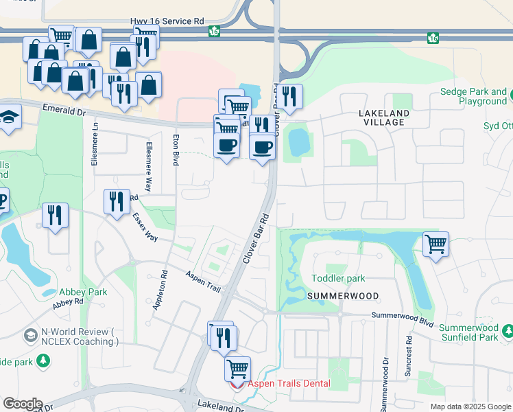 map of restaurants, bars, coffee shops, grocery stores, and more near 5500 Clover Bar Road in Sherwood Park