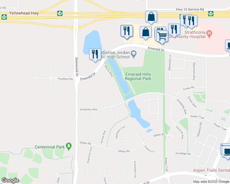 map of restaurants, bars, coffee shops, grocery stores, and more near 50 Ebony Boulevard in Sherwood Park