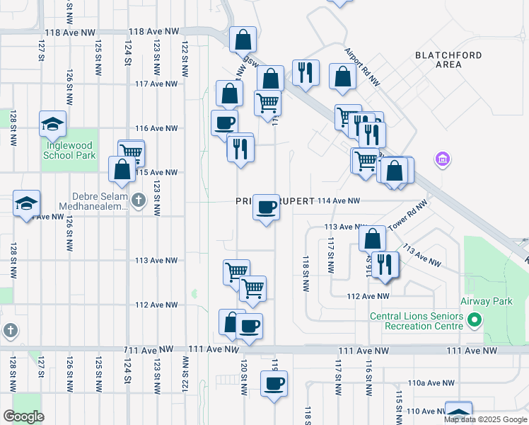 map of restaurants, bars, coffee shops, grocery stores, and more near in Edmonton