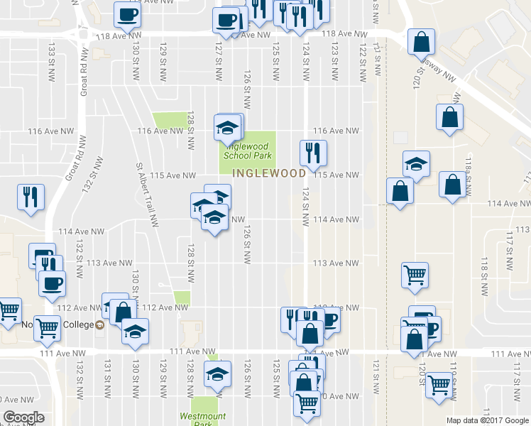 map of restaurants, bars, coffee shops, grocery stores, and more near 11340 125 Street Northwest in Edmonton