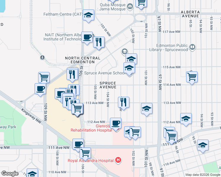 map of restaurants, bars, coffee shops, grocery stores, and more near 11343 104 Street Northwest in Edmonton