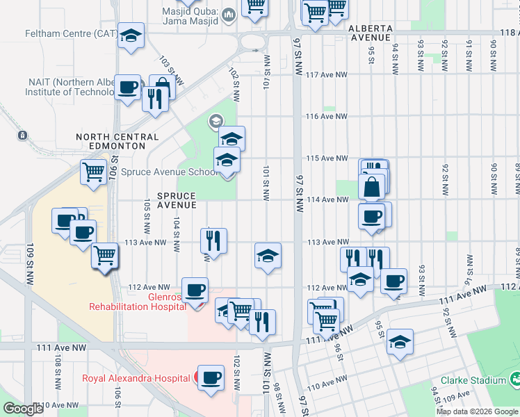 map of restaurants, bars, coffee shops, grocery stores, and more near 11342 101 Street Northwest in Edmonton