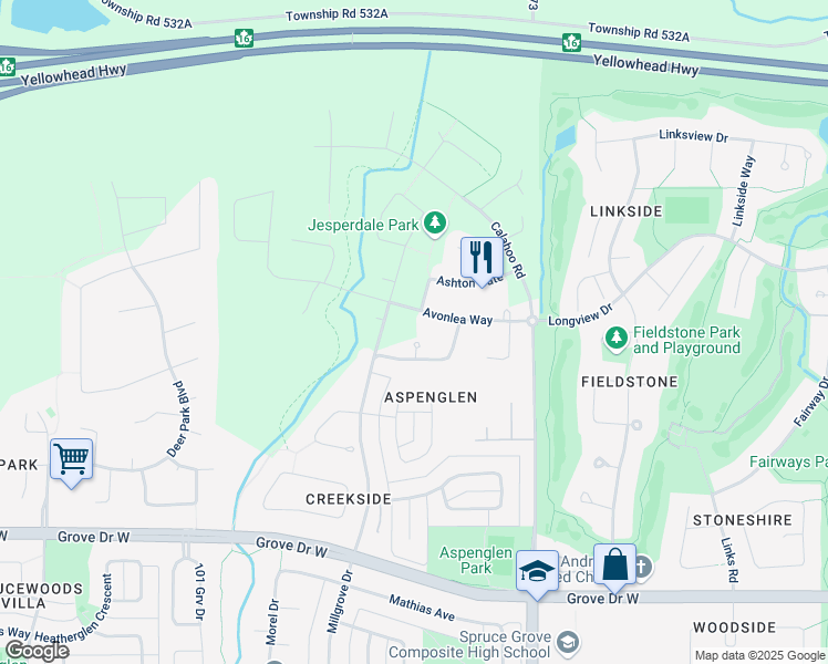 map of restaurants, bars, coffee shops, grocery stores, and more near 10 Ashgrove Bay in Spruce Grove