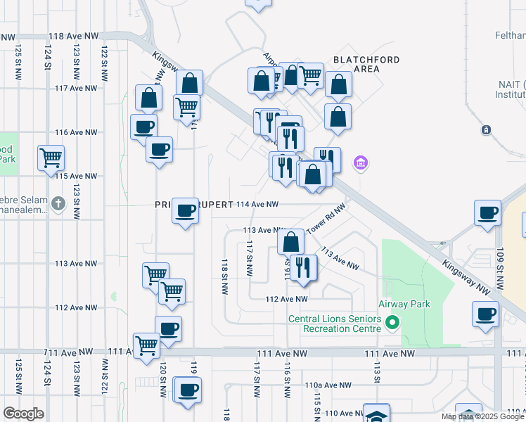 map of restaurants, bars, coffee shops, grocery stores, and more near 11626 113 Avenue Northwest in Edmonton