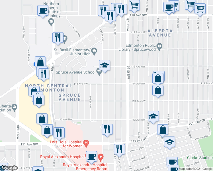 map of restaurants, bars, coffee shops, grocery stores, and more near 11322 101 Street Northwest in Edmonton