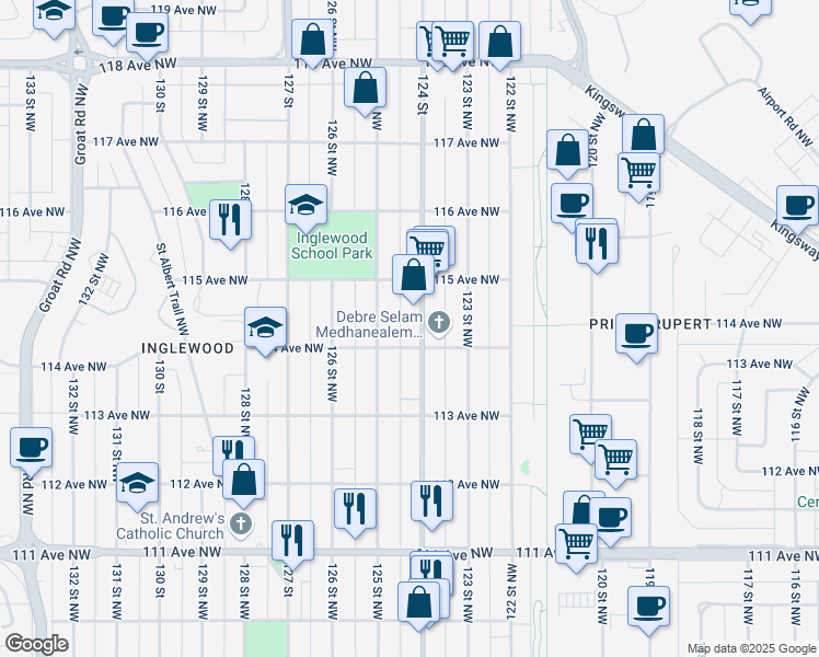 map of restaurants, bars, coffee shops, grocery stores, and more near 11416 124 Street Northwest in Edmonton