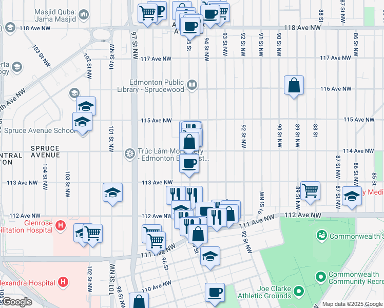 map of restaurants, bars, coffee shops, grocery stores, and more near 11369 95 Street in Edmonton
