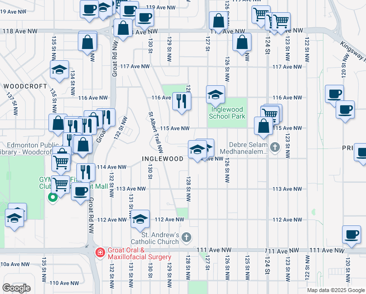 map of restaurants, bars, coffee shops, grocery stores, and more near 12815 115 Avenue Northwest in Edmonton