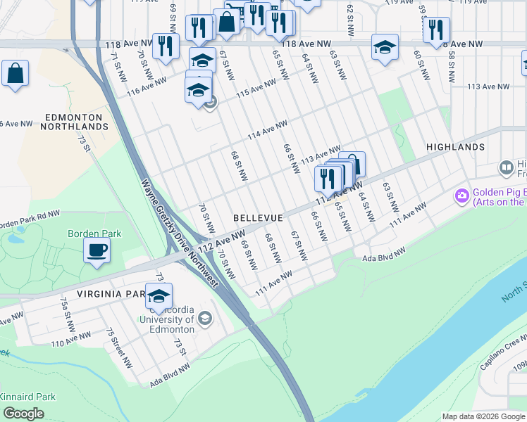 map of restaurants, bars, coffee shops, grocery stores, and more near 11236 67 Street Northwest in Edmonton
