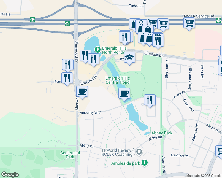 map of restaurants, bars, coffee shops, grocery stores, and more near 130 Ebony Boulevard in Sherwood Park
