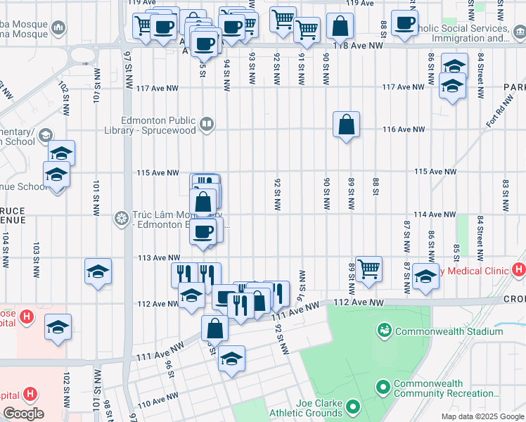 map of restaurants, bars, coffee shops, grocery stores, and more near 11419 93 Street Northwest in Edmonton