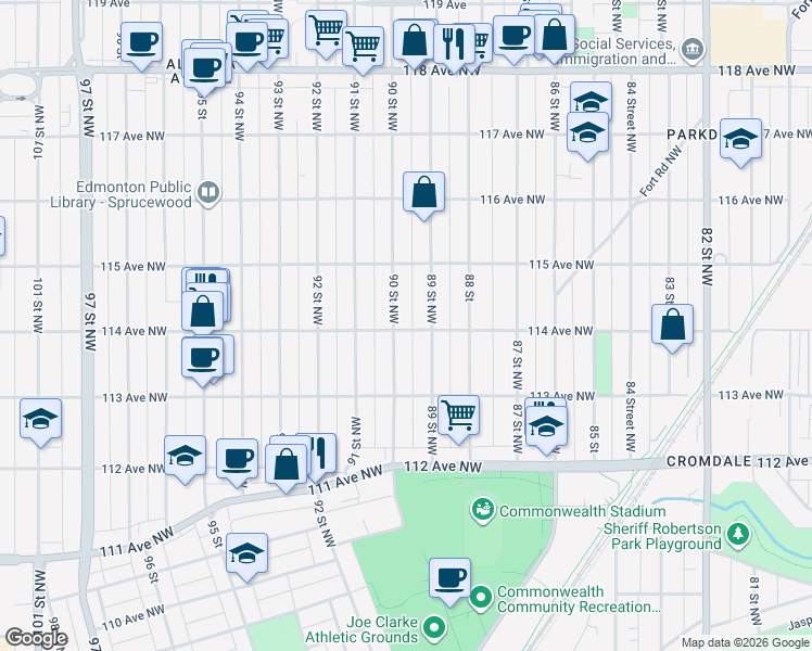 map of restaurants, bars, coffee shops, grocery stores, and more near 11423 90 Street Northwest in Edmonton