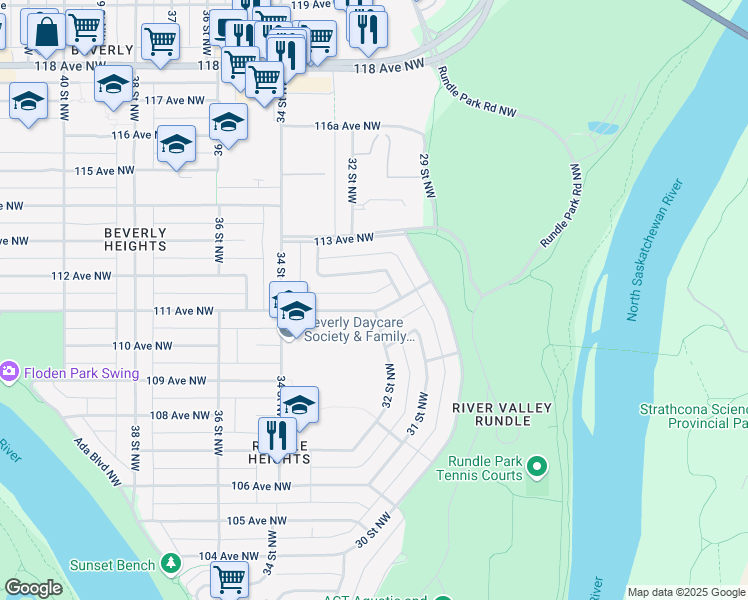 map of restaurants, bars, coffee shops, grocery stores, and more near 3116 111 Avenue Northwest in Edmonton