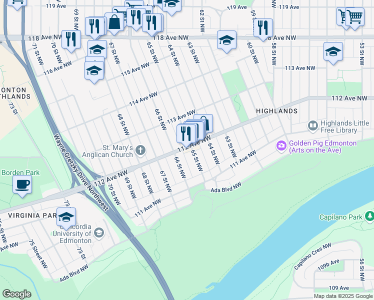 map of restaurants, bars, coffee shops, grocery stores, and more near 6509 112 Avenue Northwest in Edmonton