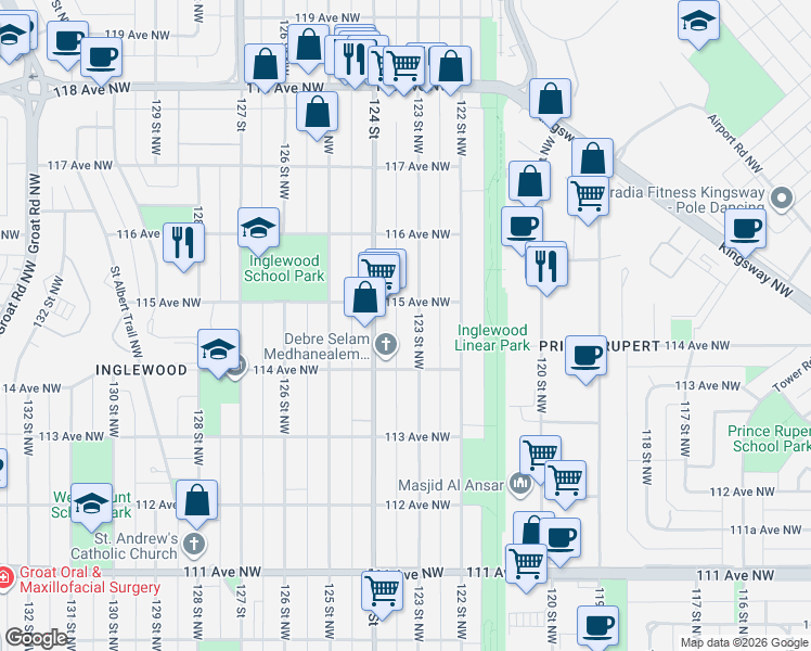 map of restaurants, bars, coffee shops, grocery stores, and more near 12307 115 Avenue Northwest in Edmonton