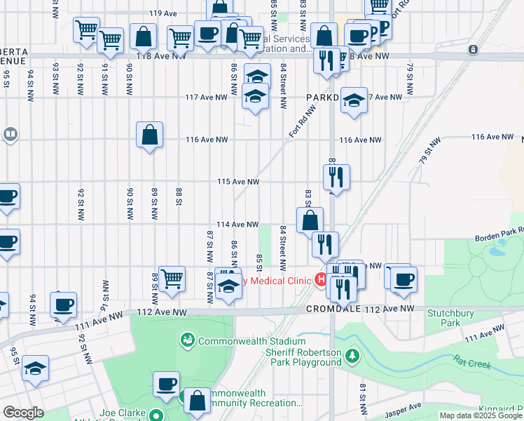 map of restaurants, bars, coffee shops, grocery stores, and more near 11415 85 Street Northwest in Edmonton