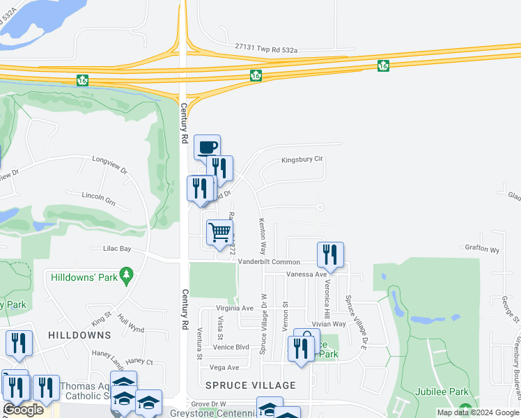 map of restaurants, bars, coffee shops, grocery stores, and more near Kenton Way in Spruce Grove