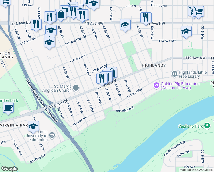 map of restaurants, bars, coffee shops, grocery stores, and more near 6509 112 Avenue Northwest in Edmonton
