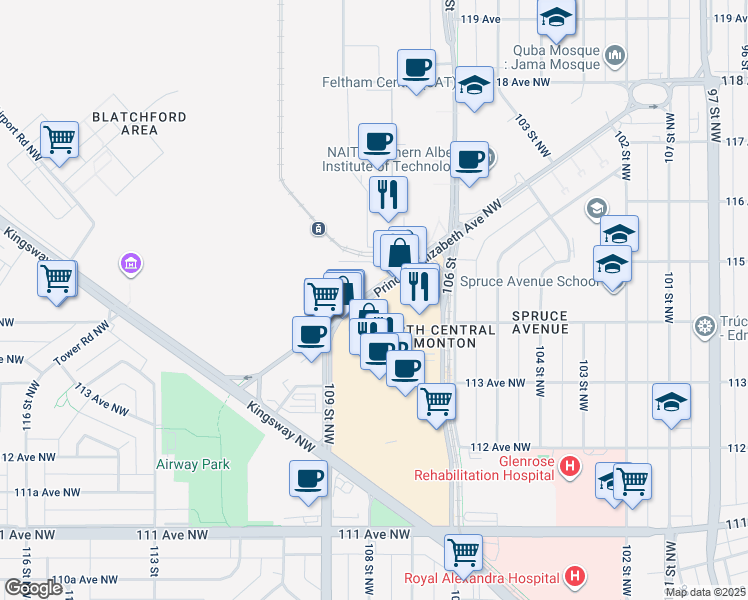 map of restaurants, bars, coffee shops, grocery stores, and more near in Edmonton