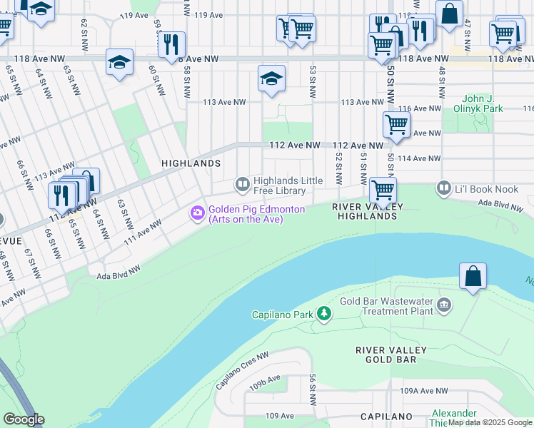 map of restaurants, bars, coffee shops, grocery stores, and more near Ada Boulevard Northwest in Edmonton