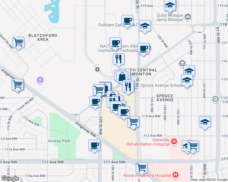 map of restaurants, bars, coffee shops, grocery stores, and more near Kingsway NW & Princess Elizabeth Ave NW in Edmonton