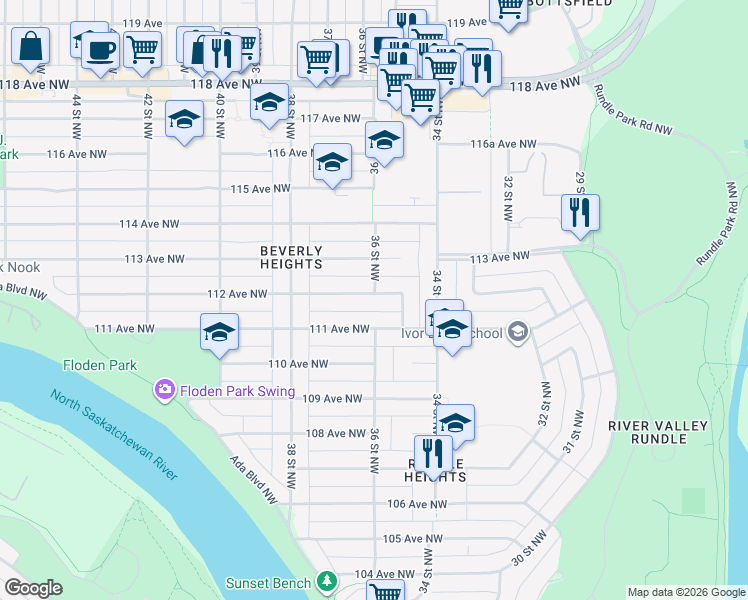 map of restaurants, bars, coffee shops, grocery stores, and more near 3523 112 Avenue Northwest in Edmonton
