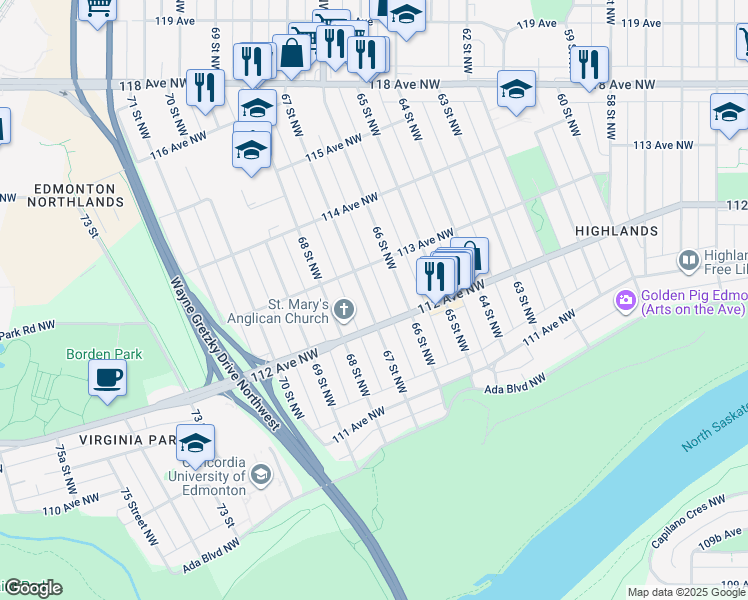 map of restaurants, bars, coffee shops, grocery stores, and more near 11219 67 Street Northwest in Edmonton