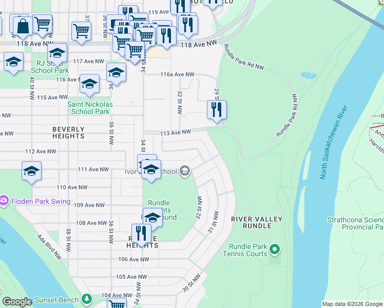 map of restaurants, bars, coffee shops, grocery stores, and more near 31 112 Avenue Northwest in Edmonton