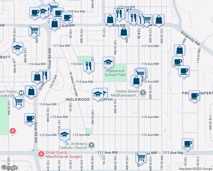 map of restaurants, bars, coffee shops, grocery stores, and more near 11447 127 Street Northwest in Edmonton