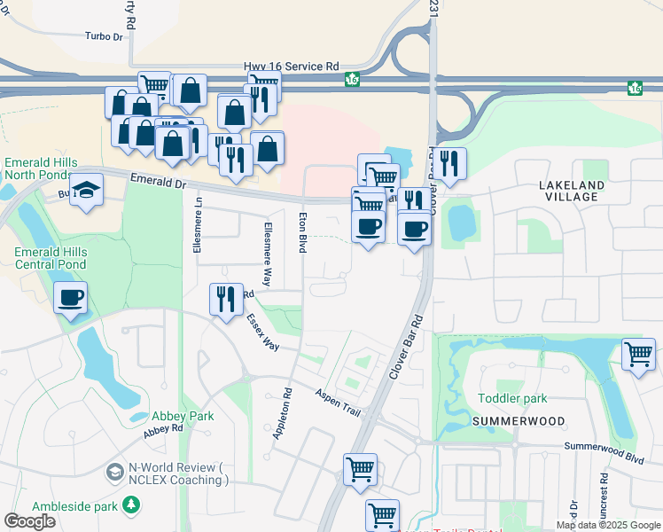 map of restaurants, bars, coffee shops, grocery stores, and more near 200 Edgar Lane in Sherwood Park