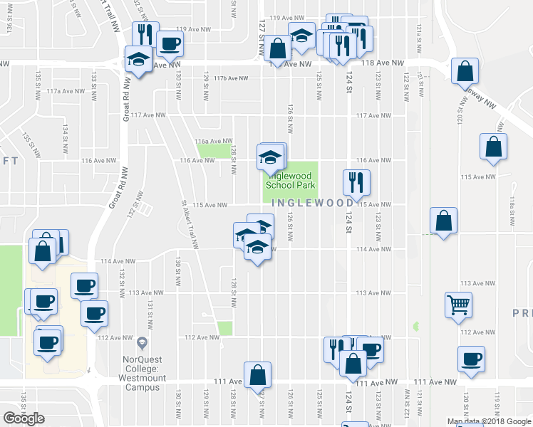 map of restaurants, bars, coffee shops, grocery stores, and more near 11447 127 Street Northwest in Edmonton
