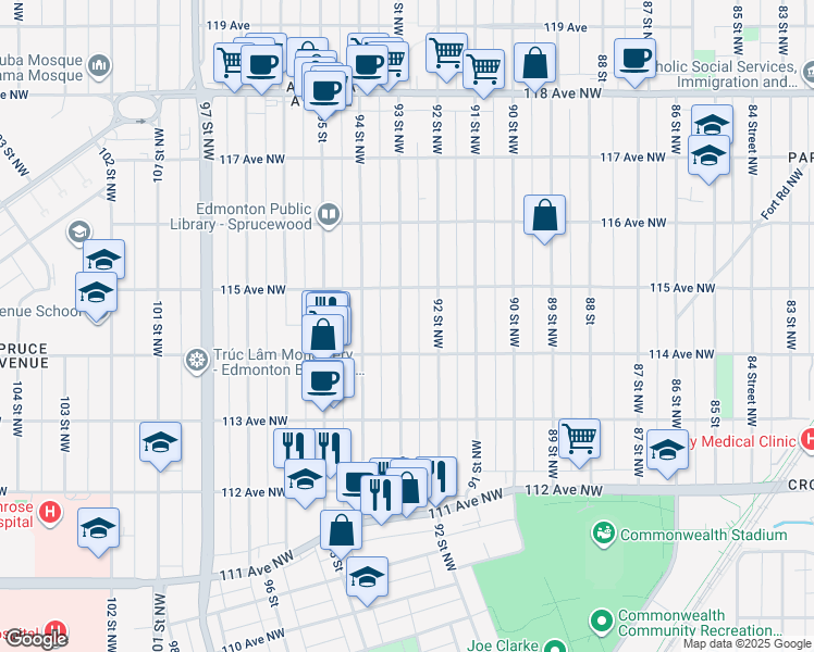 map of restaurants, bars, coffee shops, grocery stores, and more near 11419 93 Street Northwest in Edmonton