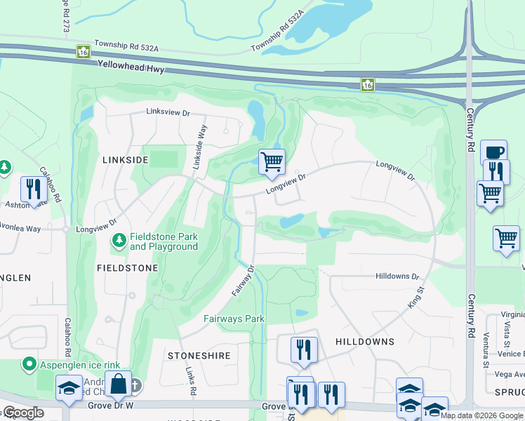 map of restaurants, bars, coffee shops, grocery stores, and more near 75 Fairway Drive in Spruce Grove