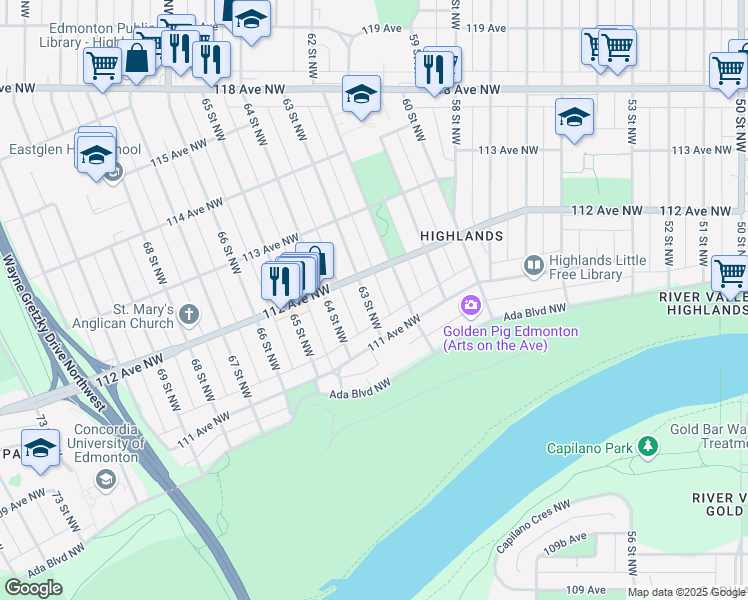 map of restaurants, bars, coffee shops, grocery stores, and more near 11135 63 Street Northwest in Edmonton