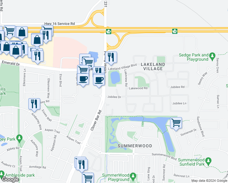 map of restaurants, bars, coffee shops, grocery stores, and more near 908 Jubilee Close in Sherwood Park