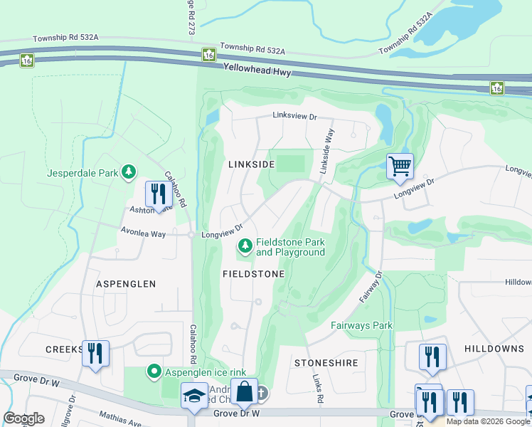 map of restaurants, bars, coffee shops, grocery stores, and more near 2 Longview Place in Spruce Grove