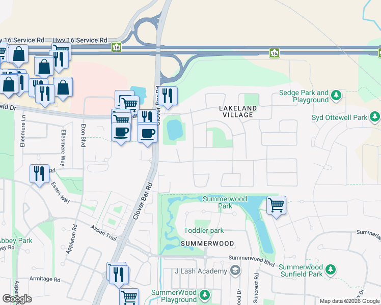 map of restaurants, bars, coffee shops, grocery stores, and more near 1506 Lakeview Road in Sherwood Park