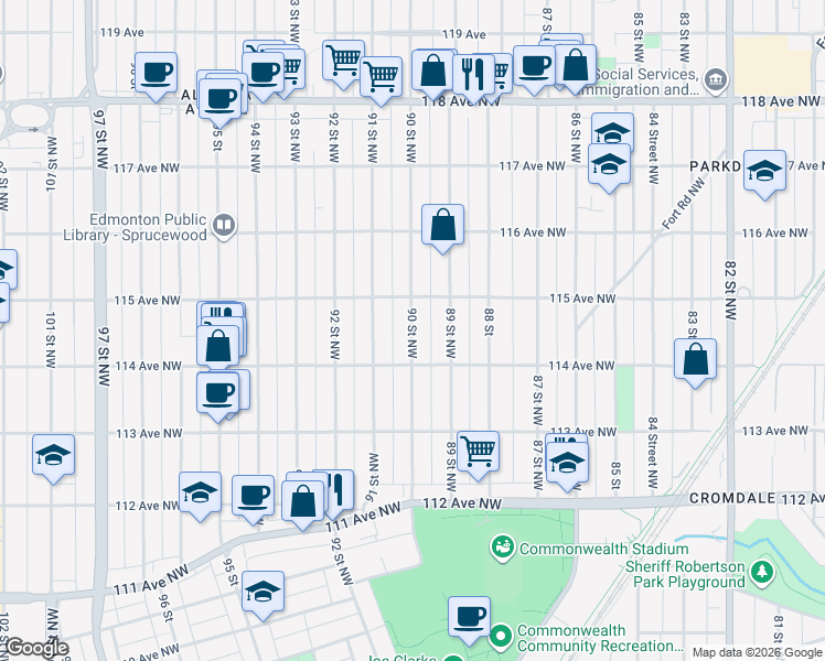 map of restaurants, bars, coffee shops, grocery stores, and more near 11423 90 Street Northwest in Edmonton