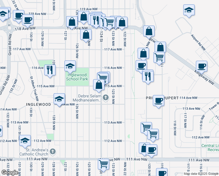 map of restaurants, bars, coffee shops, grocery stores, and more near 12307 115 Avenue Northwest in Edmonton