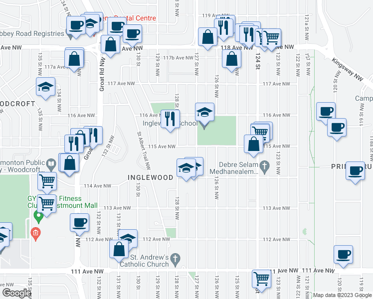 map of restaurants, bars, coffee shops, grocery stores, and more near 12715 115 Avenue Northwest in Edmonton