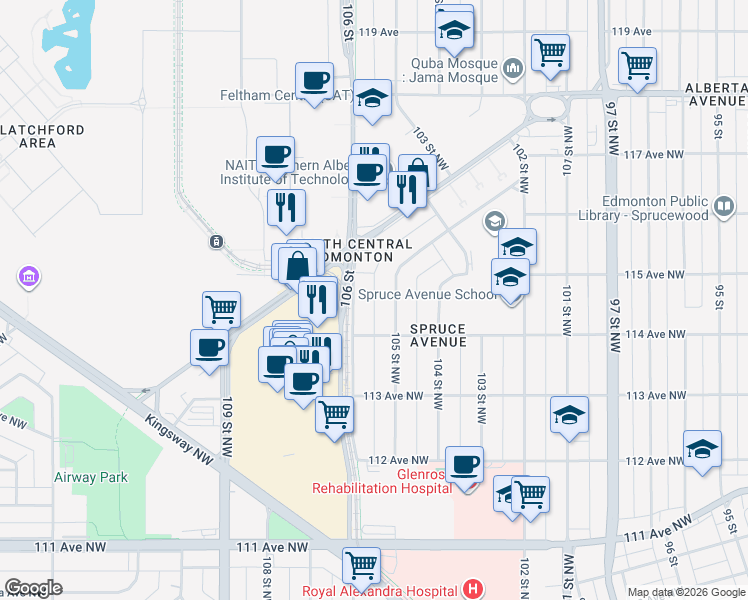 map of restaurants, bars, coffee shops, grocery stores, and more near 11418 105 Street Northwest in Edmonton