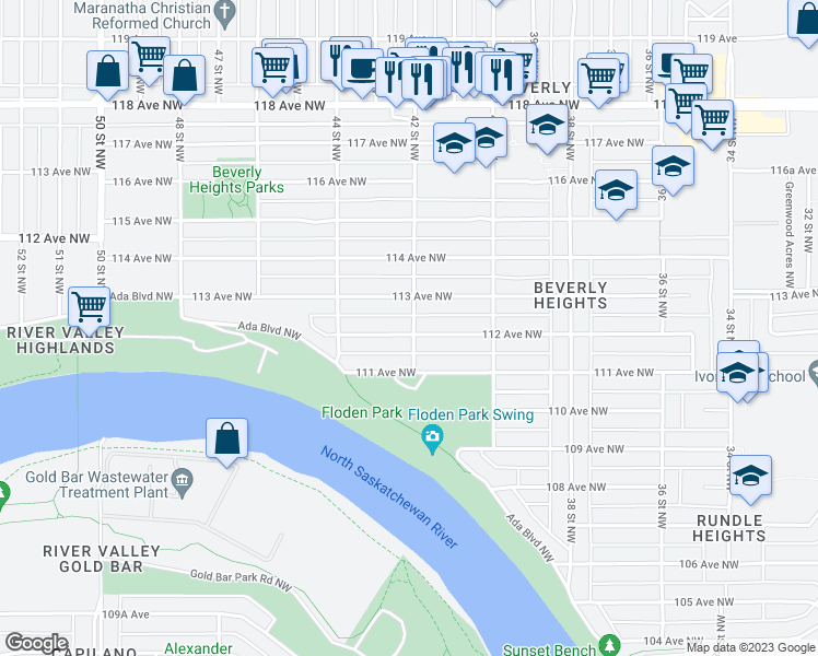 map of restaurants, bars, coffee shops, grocery stores, and more near 112 42 Street Northwest in Edmonton