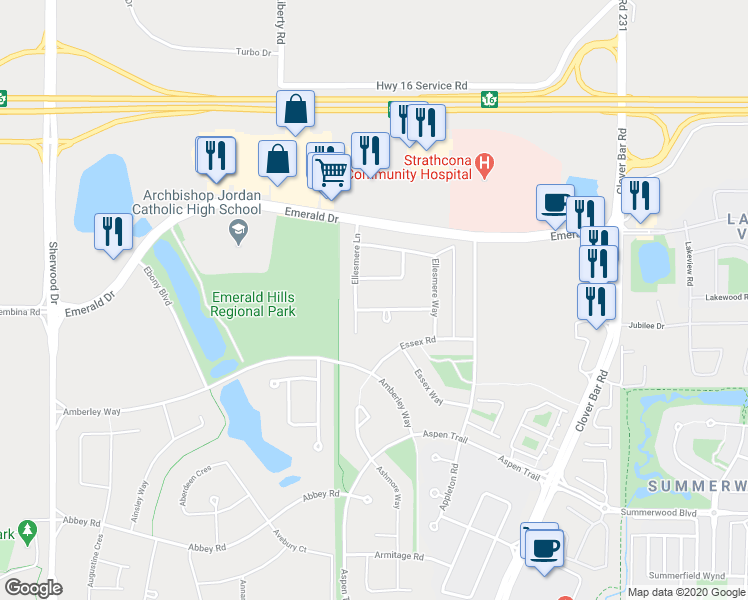 map of restaurants, bars, coffee shops, grocery stores, and more near 8012 Ellesmere Lane in Sherwood Park