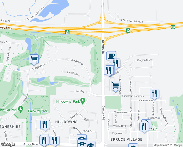 map of restaurants, bars, coffee shops, grocery stores, and more near 94 Longview Drive in Spruce Grove